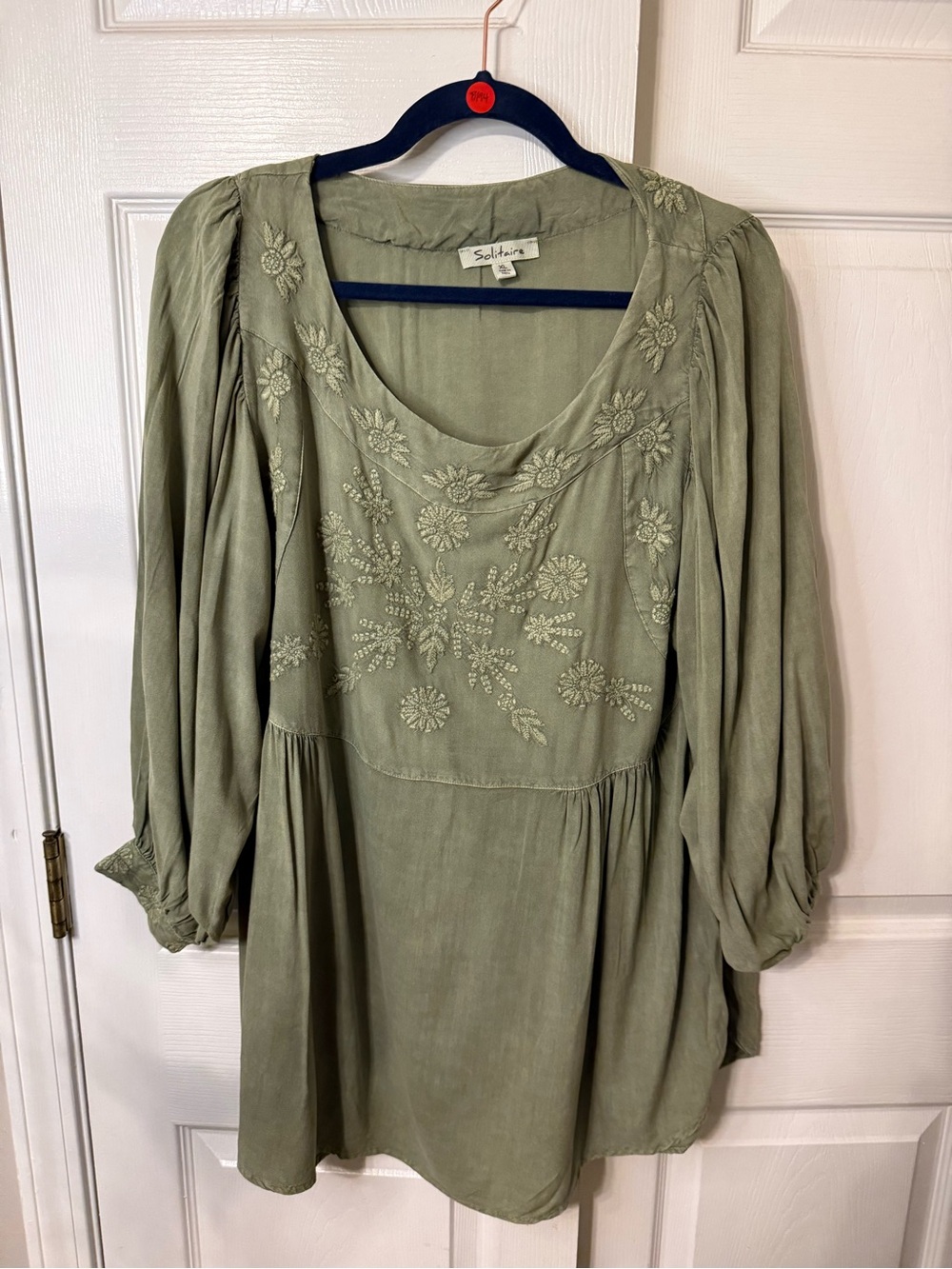Solitaire Sage Green Embroidered Long-Sleeve Peasant Tunic